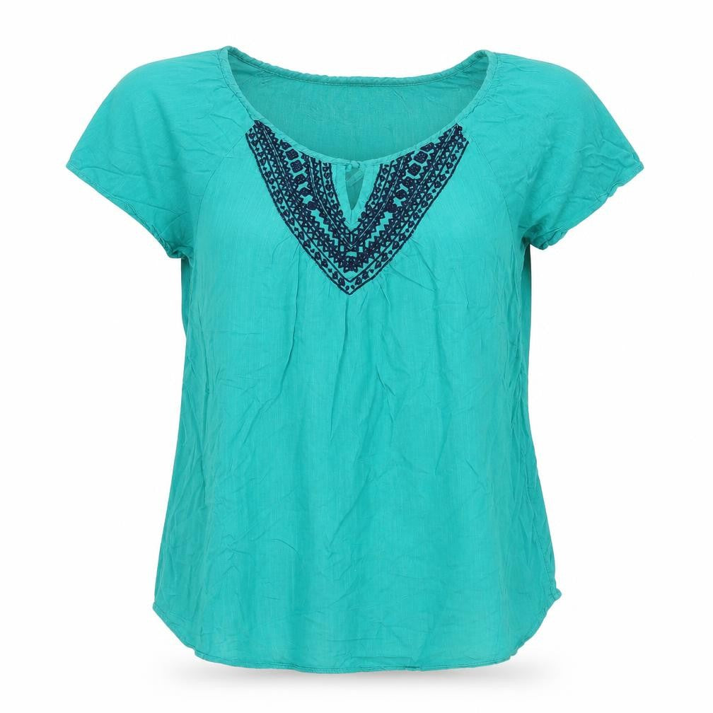 Front view of H&M women’s green geometric cotton basic blouse, size UK 6, round neck