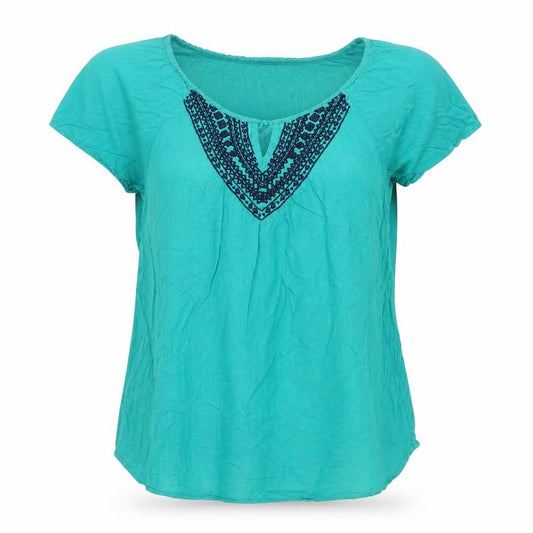 Front view of H&M women’s green geometric cotton basic blouse, size UK 6, round neck