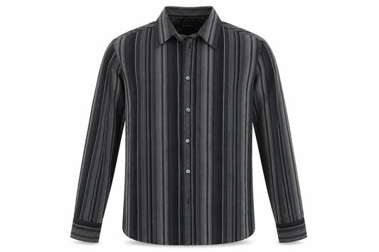 Front view of Marks & Spencer men’s black striped cotton button-up, size M, collared button