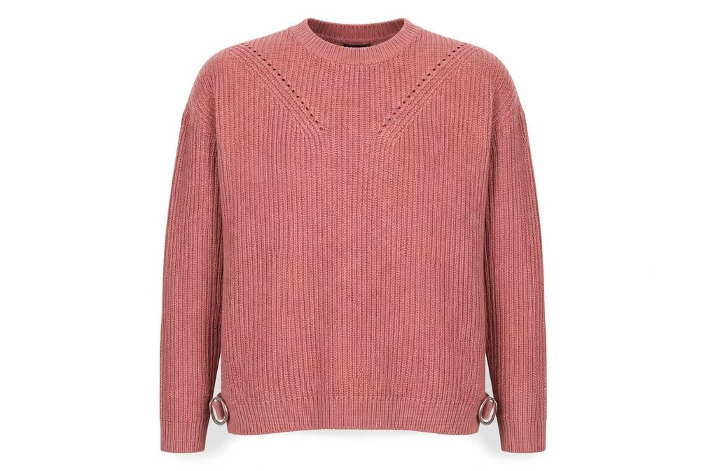 Front view of New Look men’s pink round neck acrylic jumper, size M