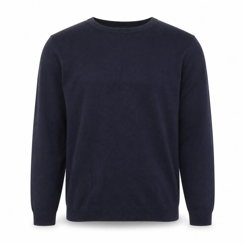 Front view of Topman men’s blue crew neck cotton jumper, size M