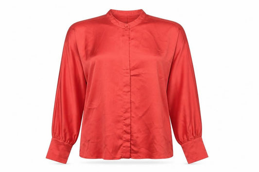 Front view of Mango women’s red polyester basic blouse, size L, crew neck