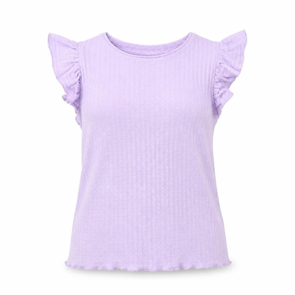 Front view of Dunnes women’s purple polyester basic t-shirt, size S, crew neck