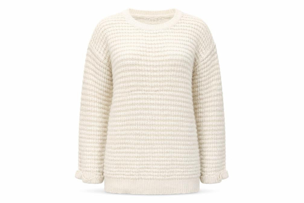 Front view of Atmosphere women’s beige round neck acrylic tunic jumper, size UK 10