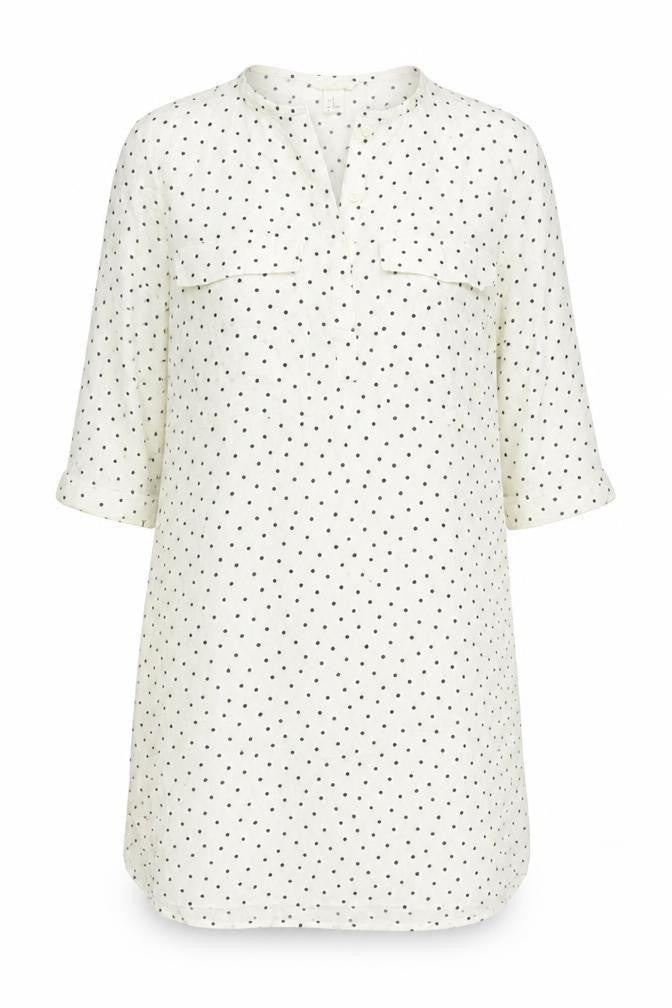 Front view of H&M women’s ivory polka dot viscose shift, size UK 8, round neck button