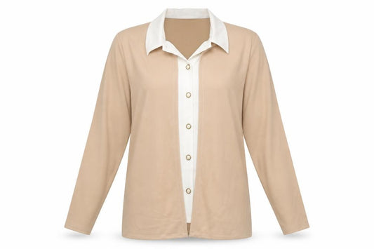 Front view of Made in England women’s beige polyester basic button-up, size L, collared