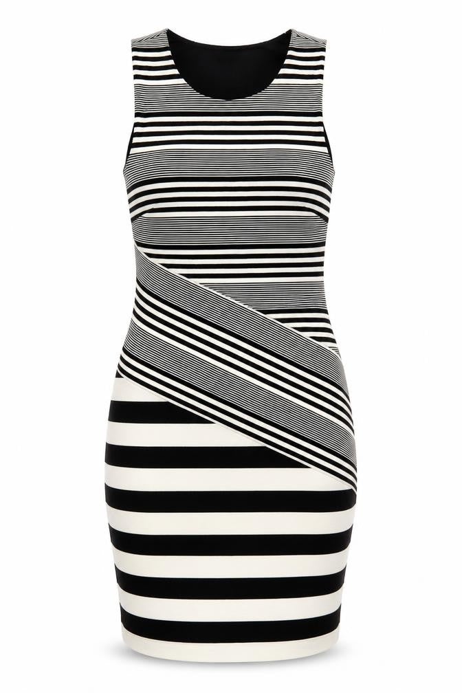 Front view of Felicity & Coco women’s black striped polyester bodycon, size XS, scoop neck pullover