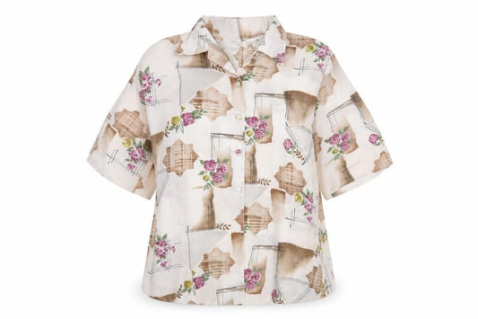 Front view of Living women’s beige geometric polyester basic blouse, size UK 18, collared