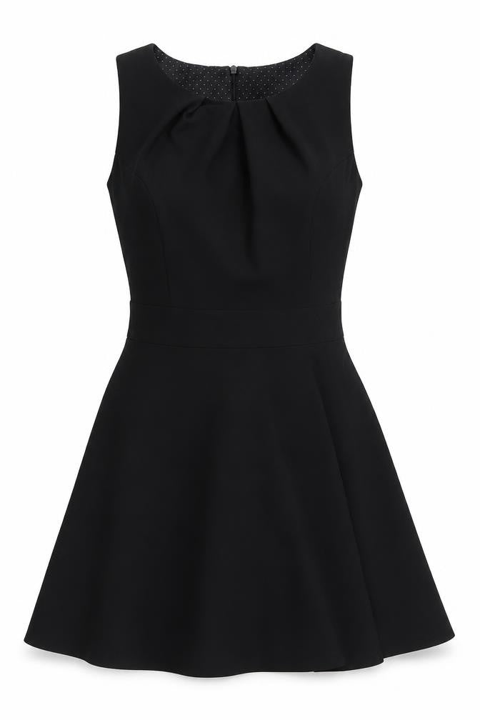 Front view of Red Herring women’s black polyester fit & flare, size UK 8, boat neck zip