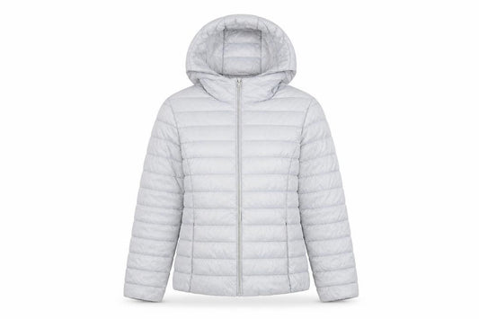 Front view of Dunnes women’s grey quilted jacket, size S, zip