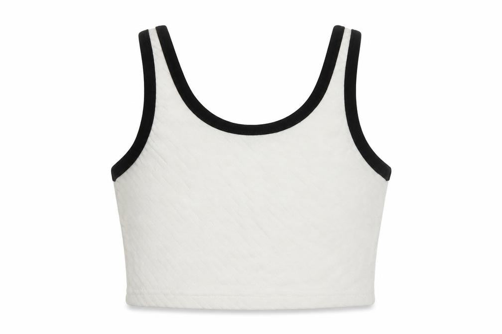 Front view of Whybee women’s white polyester cropped tank, size L, scoop neck