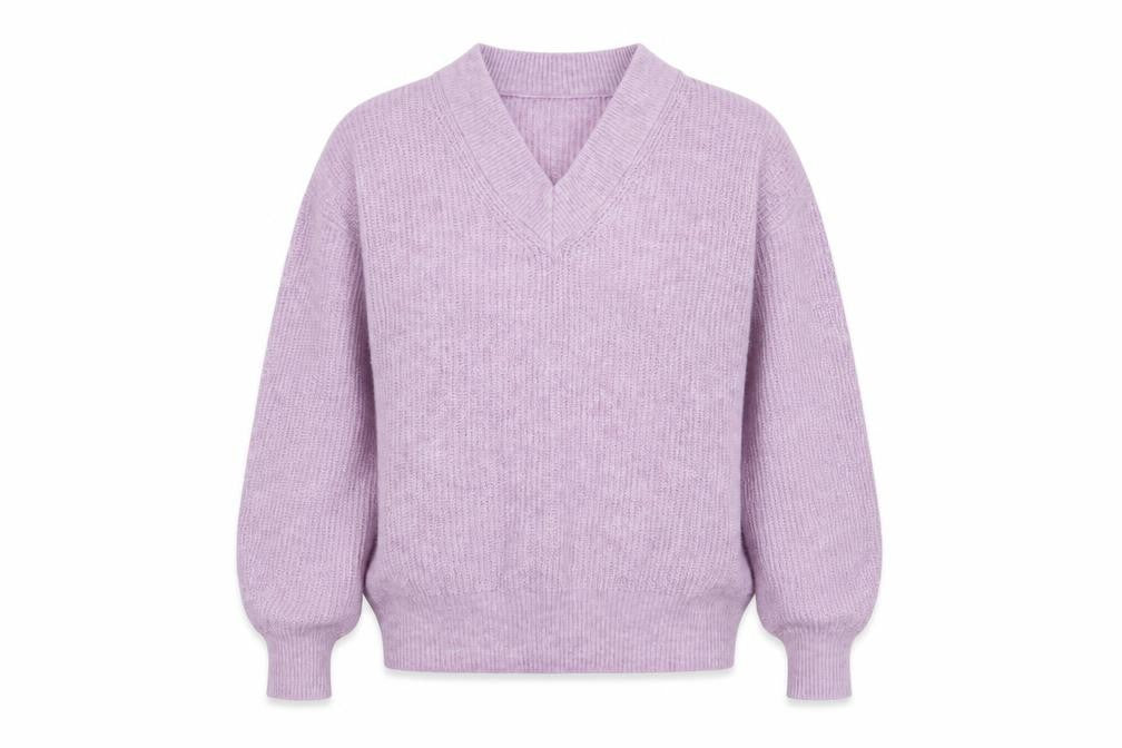Front view of Dunnes women’s purple v-neck polyester jumper, size XS