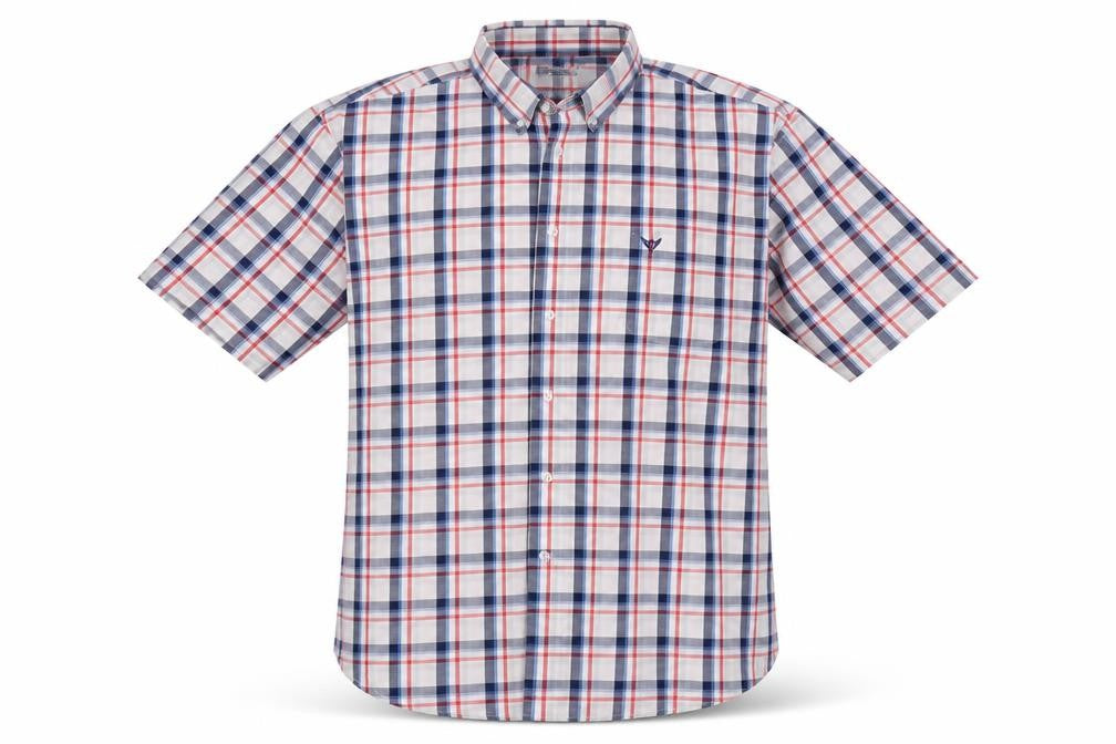Front view of Morley men’s grey plaid cotton button-up, size XL, collared button