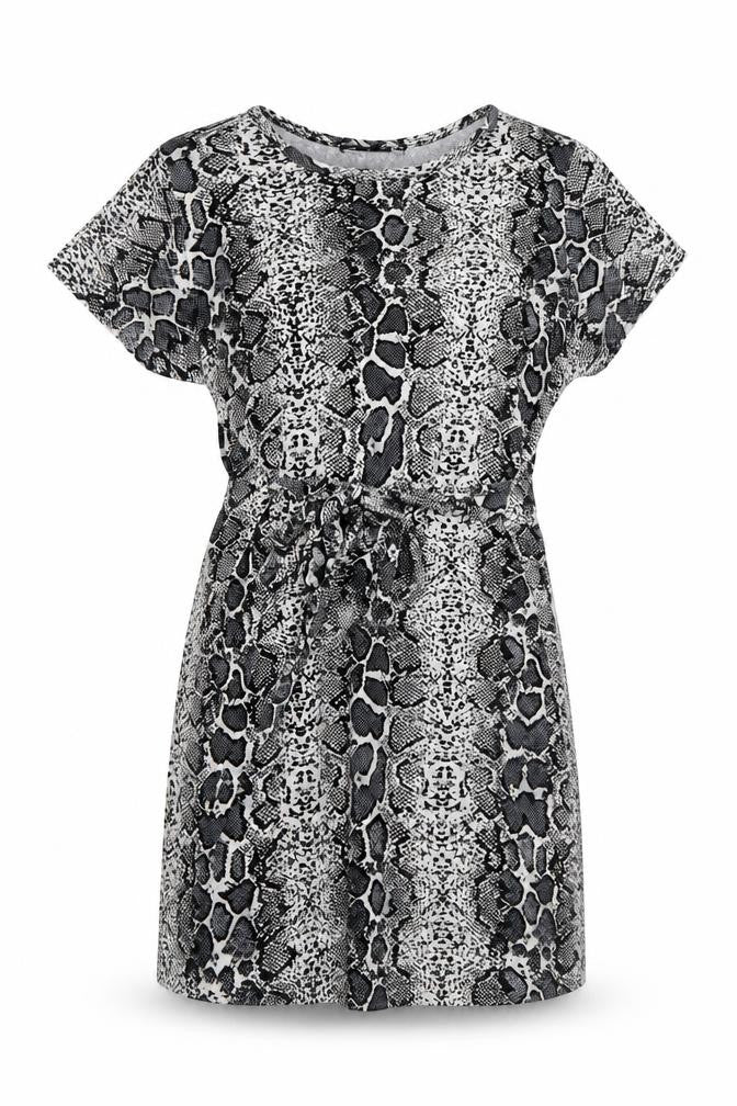 Front view of PRETTYLITTLETHING women’s grey animal print viscose mini, size UK 12, crew neck pullover