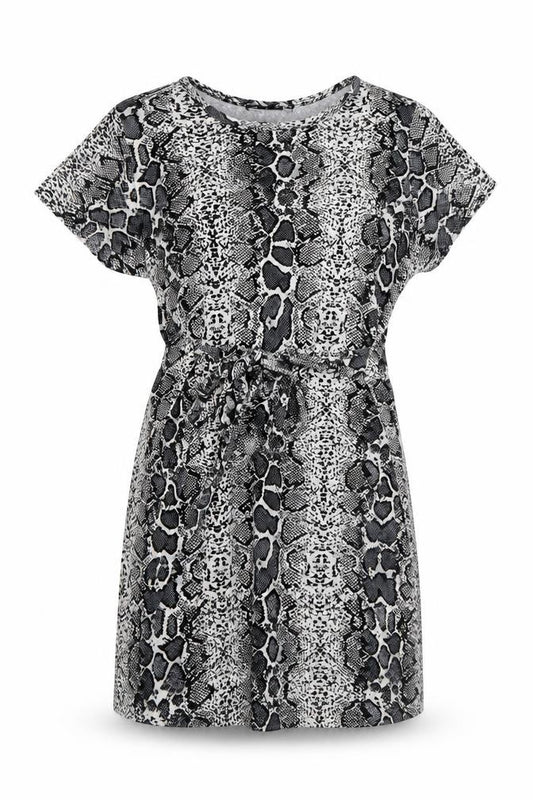 Front view of PRETTYLITTLETHING women’s grey animal print viscose mini, size UK 12, crew neck pullover