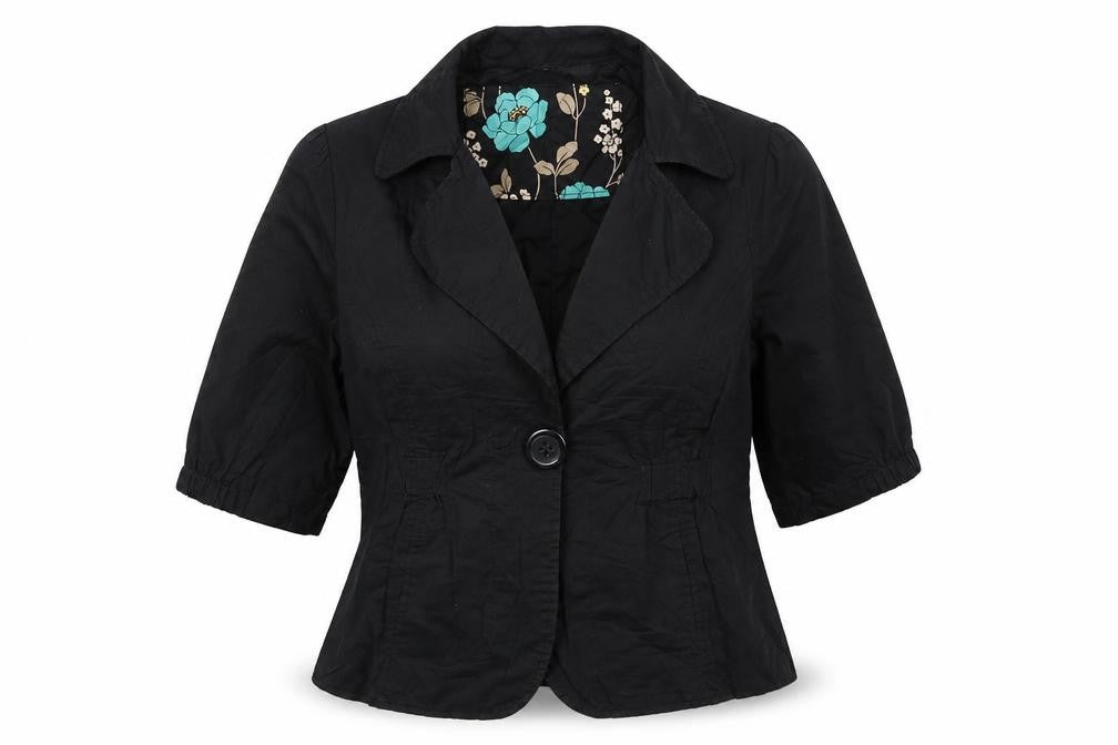 Front view of Pretty In The City women’s black jacket, size UK 12, button