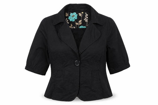Front view of Pretty In The City women’s black jacket, size UK 12, button