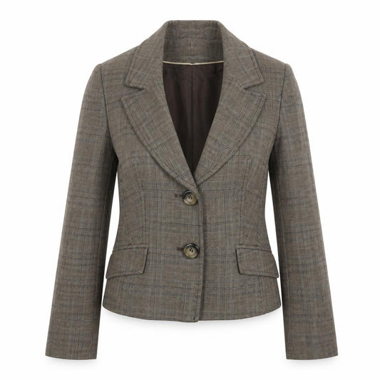 Front view of Next women’s brown check polyester jacket suit jacket, size UK 10
