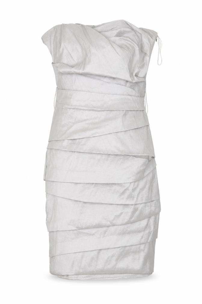 Front view of Rise women’s silver polyester bodycon, size UK 8, square neck