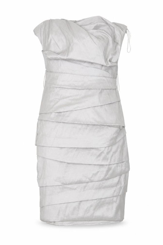 Front view of Rise women’s silver polyester bodycon, size UK 8, square neck