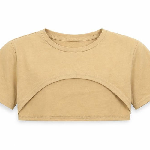 SheIn Girls Beige Polyester Cropped T-Shirt Size 12 Years Crew Neck Pullover
