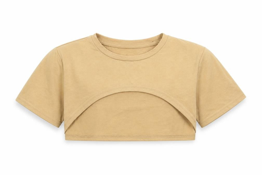 SheIn Girls Beige Polyester Cropped T-Shirt Size 12 Years Crew Neck Pullover