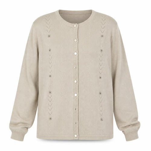 Akal Collection Womens Beige Round Neck Floral Acrylic Cardigan Jumper Size L