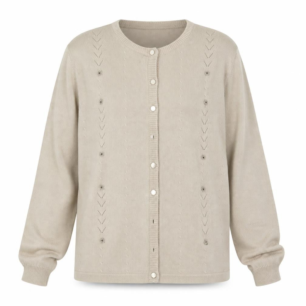 Akal Collection Womens Beige Round Neck Floral Acrylic Cardigan Jumper Size L