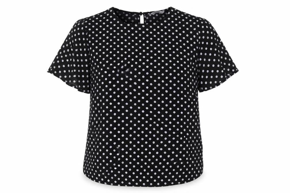 Front view of Papaya women’s black polka dot polyester jersey blouse, size UK 12, round neck