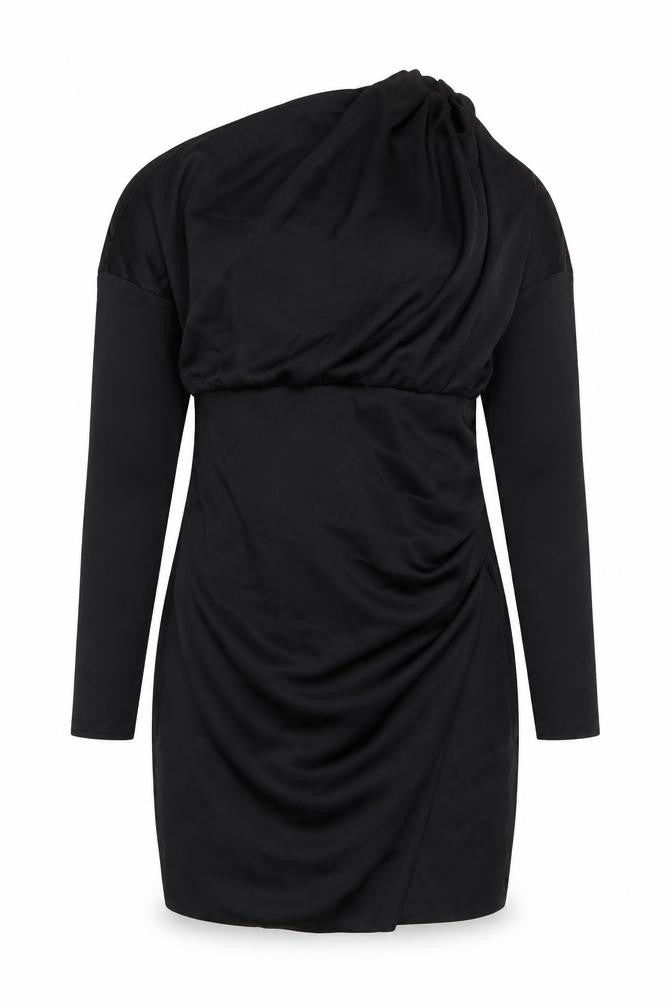 Front view of ASOS women’s black polyester bodycon, size UK 10, one shoulder zip
