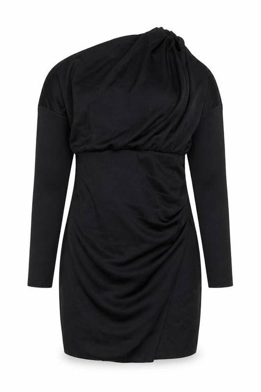 Front view of ASOS women’s black polyester bodycon, size UK 10, one shoulder zip