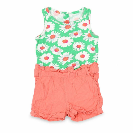 Preworn Girls Green Floral Cotton Romper One-Piece Size 12-18 Months Button