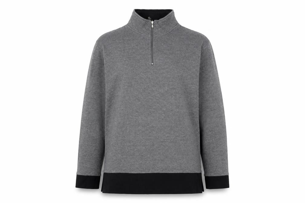 Front view of Jennifer Moore women’s grey polyester henley sweatshirt, size M, pullover