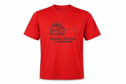 Front view of Just Cool men’s red polyester basic t-shirt, size M, round neck - titanic running festival
