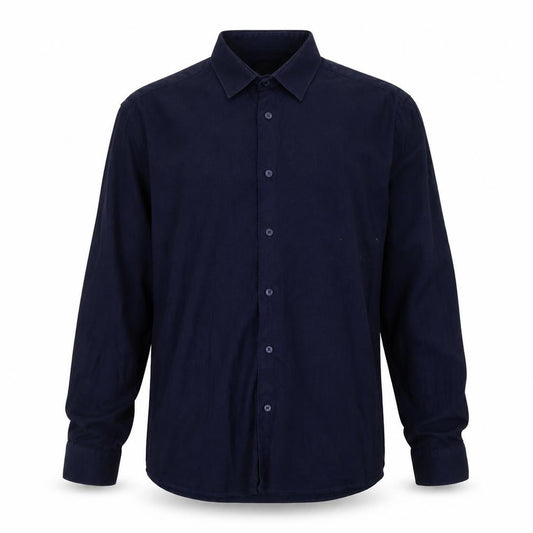 Front view of NM men’s blue cotton button-up, size L, collared