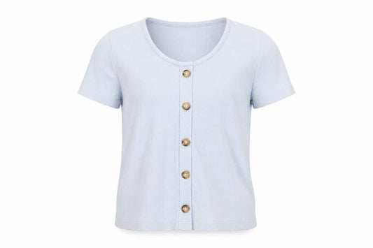 Front view of Primark girls’ blue round neck cotton cardigan jumper, size 8-9, years