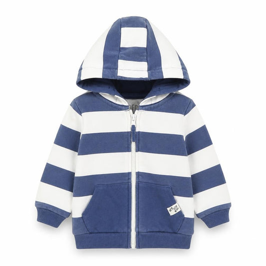 Front view of F&F boys’ blue striped cotton full zip jumper, size 3-6, months