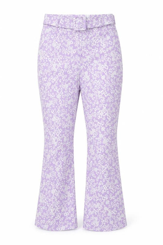 Front view of Primark women’s purple geometric viscose trousers, size UK 8, 26-inch leg regular
