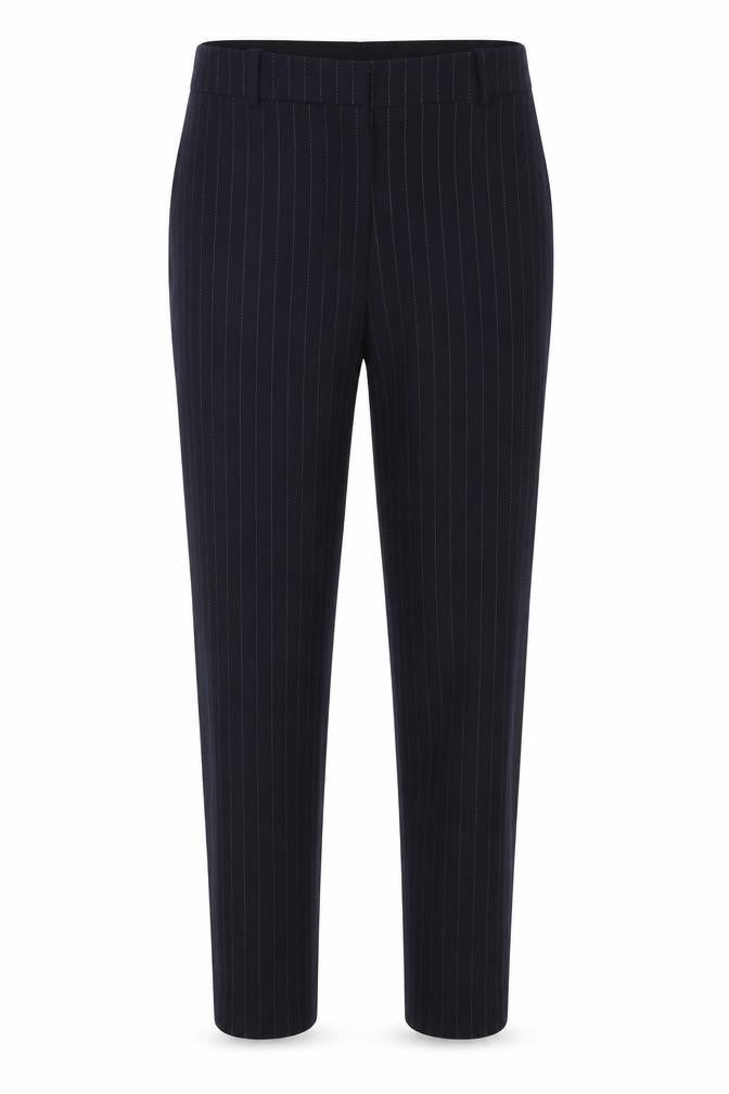Front view of H&M women’s blue striped polyester chino trousers, size UK 12, 28-inch leg regular