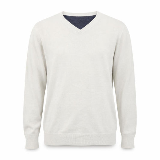 Front view of Industralize men’s beige v-neck acrylic henley jumper, size M