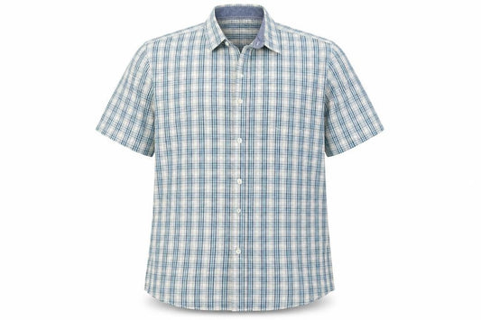 Front view of Boston Crew men’s blue plaid cotton button-up, size XL, collared