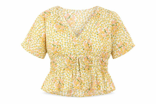 Front view of Primark women’s yellow floral viscose basic blouse, size UK 12, v-neck