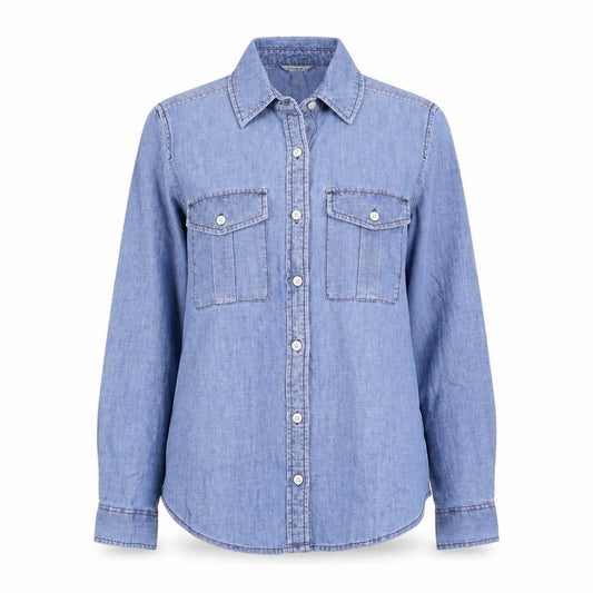 Front view of Forever 21 women’s blue 100% cotton basic button-up, size S, collared