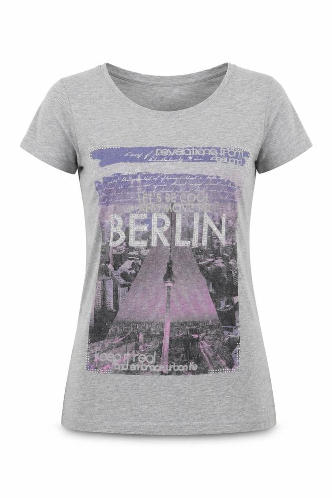 Front view of Dunnes women’s grey cotton basic t-shirt, size UK 8, boat neck - berlin