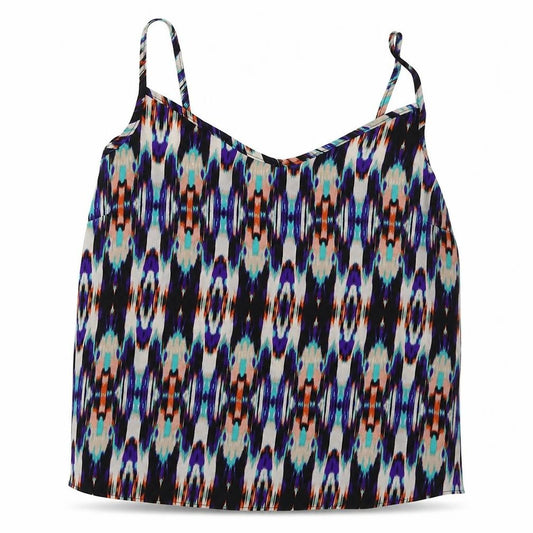 Front view of Atmosphere women’s blue geometric polyester basic tank, size UK 10, v-neck