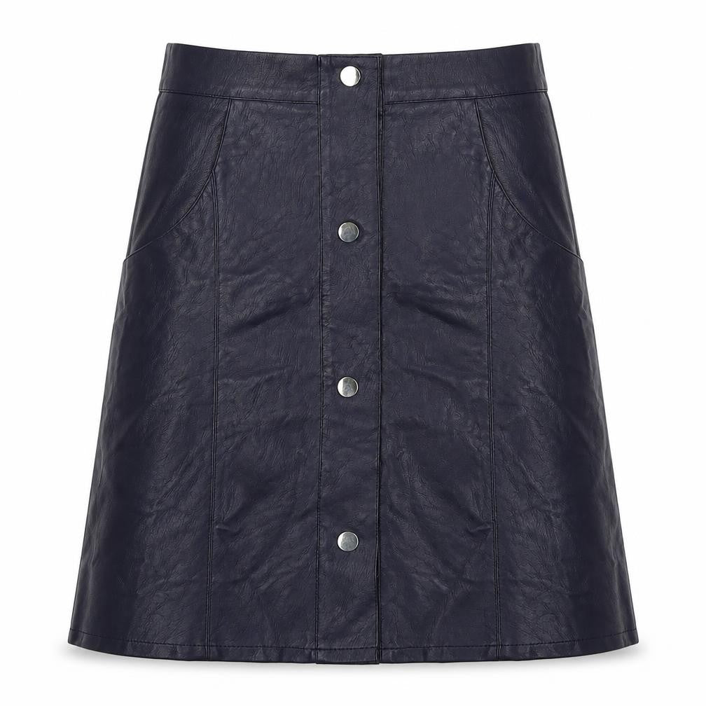 Front view of Cutie women’s blue polyurethane a-line skirt, size UK 8, button