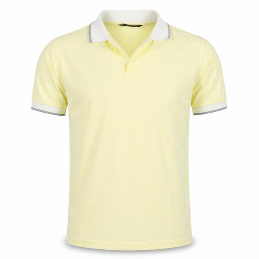 Front view of St Bernard men’s yellow polyester polo, size M, collared pullover