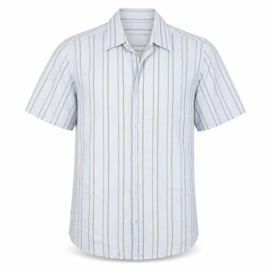 Front view of Attitude men’s blue striped cotton button-up, size M, collared button