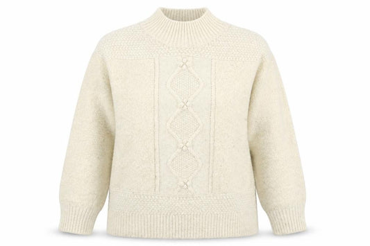 Front view of F&F women’s beige mock neck acrylic jumper, size L