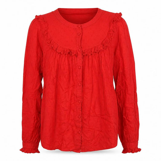 Front view of Next women’s red polka dot cotton basic button-up, size UK 8, scoop neck